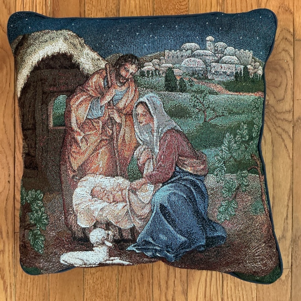 Christmas Nativity Scene Tapestry Throw Pillow 13" X 13" Bethlehem Jesus
